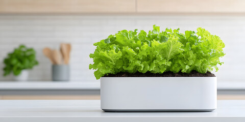 Fresh lettuce growing in a modern planter on a kitchen counter.  A healthy, homegrown addition to any kitchen.