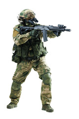 Military soldier with tactical gear and rifle aiming in combat stance