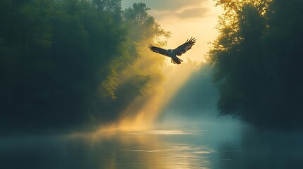Fototapeta premium Eagle soaring sunrise river mist forest nature freedom
