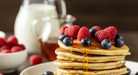 Delicious pancakes topped with fresh raspberries and blueberries