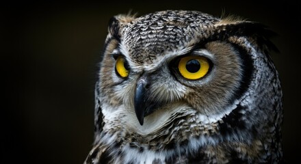 Obraz premium Majestic owl with striking yellow eyes perched in the dark