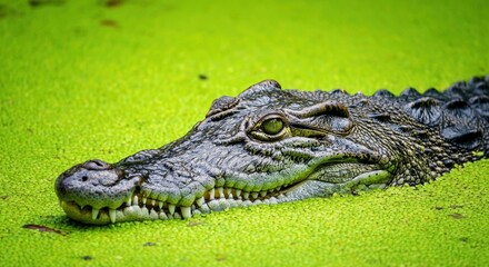 Fototapeta premium Crocodile resting in vibrant green water, showcasing its powerful presence