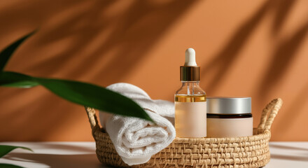 Natural skincare products arranged in a woven basket on a warm background