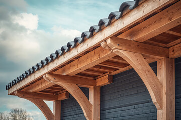 Obraz premium Wooden canopy structure protecting building entrance with cloudy sky