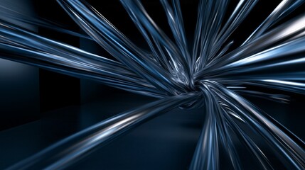 Fototapeta premium Streamlined metallic data lines moving rapidly, glowing softly against a dark navy and silver backdrop, evoking a sophisticated tech feel.