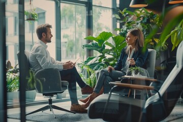 Two business professionals engaging in a collaborative conversation seated in a modern office surrounded by lush indoor plants