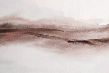 Ink watercolor hand drawn smoke flow stain blot landscape painting on wet paper texture background. Beige, brown colors.