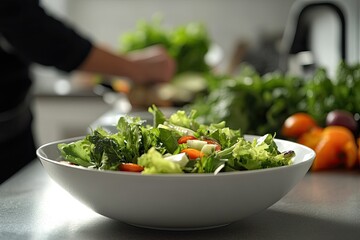 Fresh salad in white bowl surrounded by vibrant vegetables, show