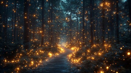 Fireflies cast an ethereal glow in the shadowy expanse of the forest