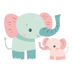 Obraz premium Mother and baby elephant illustration, cute cartoon animals, white background, nursery decor