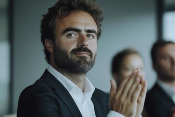 Portrait businessman clapping at a modern and clean office