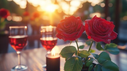 Romantic Sunset Roses, Wine, Table, Dinner, Date