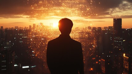 Fototapeta premium Futuristic Cityscape Silhouette - Businessman and Data Network