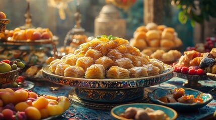 Delicious Baklava and Various Fruits arranged on an Ornate Table Display in warm light