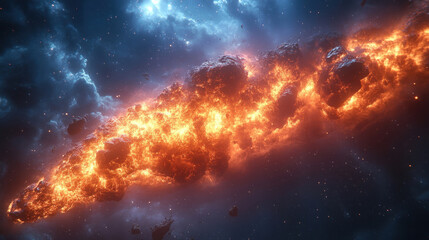 Fototapeta premium a space landscape with a grand phenomenon: a flow of hot lava, meteorites or asteroids, illuminating the dark space. 