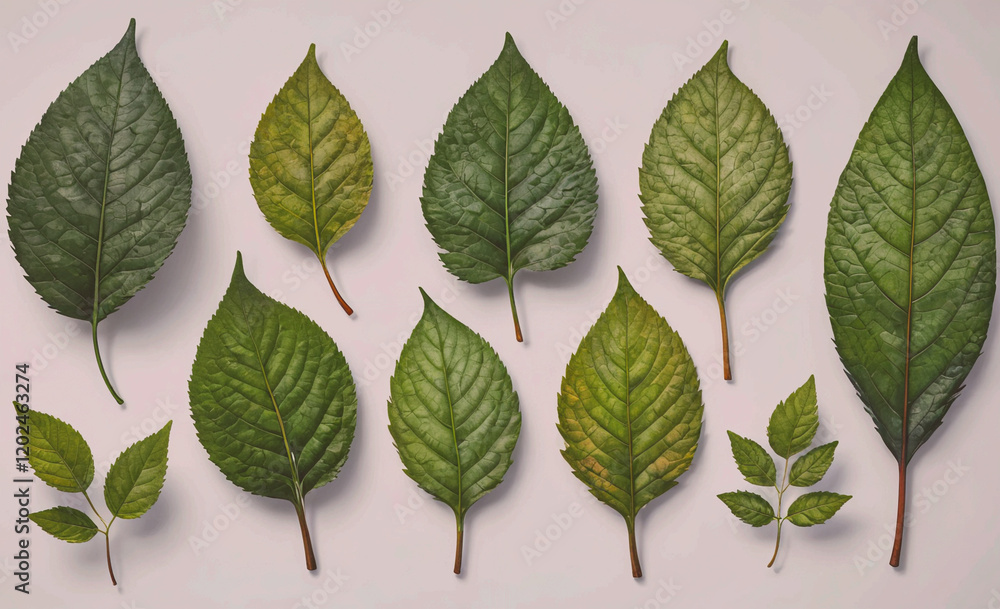 Poster a collection of green leaves are shown in various sizes and shapes. the leaves are arranged in a row