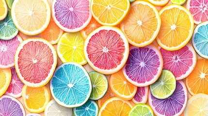 Top view over a flat lay of colorful lemon slices. Festive wallpaper.