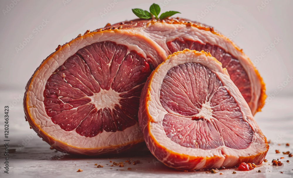 Poster a piece of meat is cut in half and has a green leaf on top. the meat is surrounded by spices and he 