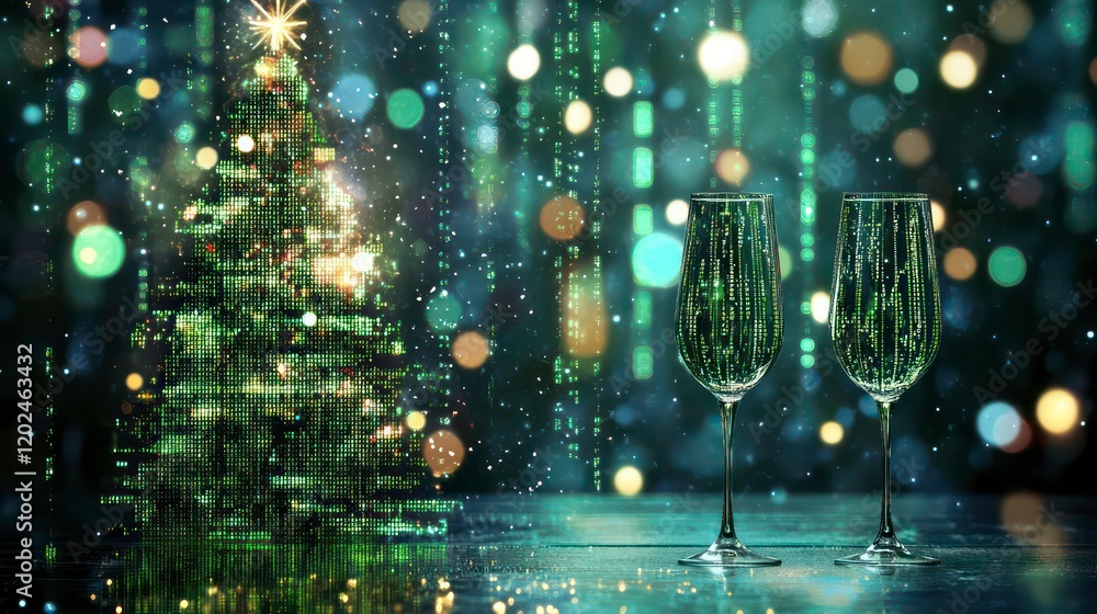 Poster digital greeting card number text 2025 green technology, christmas and new year, digital code, binar