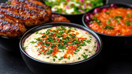 Fototapeta premium Grilled chicken, dips, and salads; delicious meal