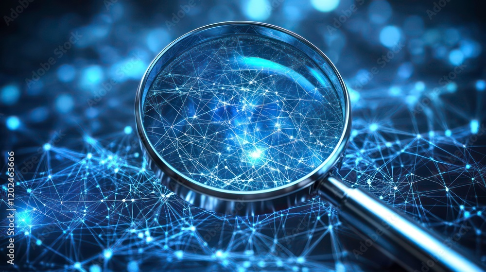 Poster digital magnifying glass over a blue network of interconnected points and lines, representing data a