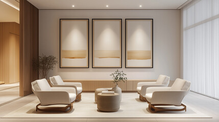 Modern lounge area with white armchairs and abstract triptych artwork