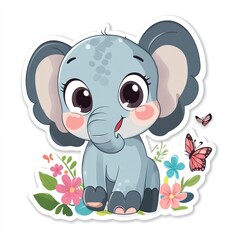 Obraz premium Cute elephant illustration on flowers, with butterflies, for children's art