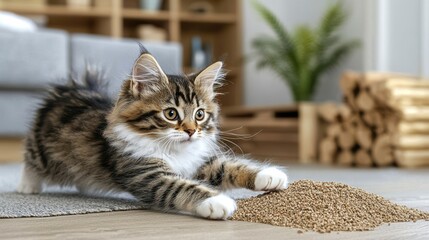 Adorable Kitten Playing with Cat Litter
