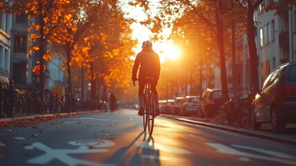 Cyclist Riding Towards Sunset on an Urban Street