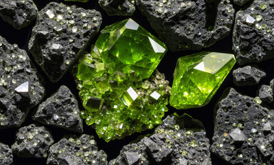   A stunning close-up of a meteorite fragment showcasing intricate peridot crystals, with detailed...