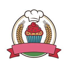 Bakery Logo Design with Cupcake, Chef Hat, Wheat, and Ribbon Banner - Colorful Vintage Style