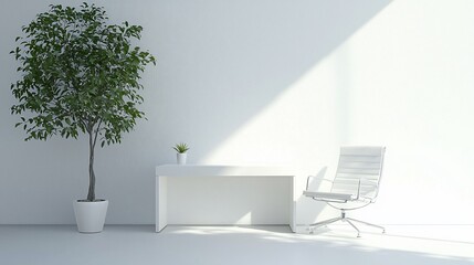 Minimalist white office interior with sunlight, desk, chair, and plant.
