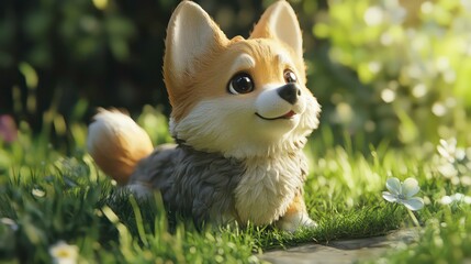 Dog cute and fluffy pup fairy garden sitting on the grass.