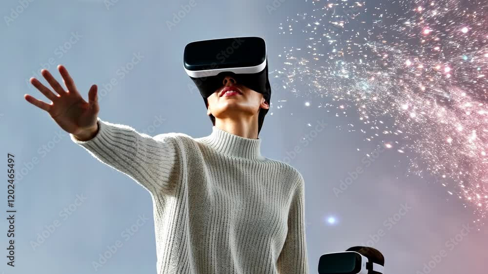 Poster individual explores virtual reality, reaching out to colorful effects in an immersive environment fi