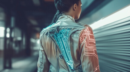 Fototapeta premium A futuristic leather jacket adorned with glowing neon blue and red circuitry patterns, worn by an individual walking through a dimly lit cyberpunk corridor with industrial design elements.