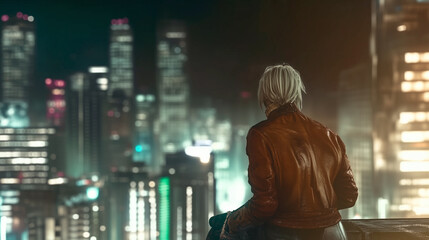 A solitary figure with white hair and a leather jacket looks over a glowing cyberpunk cityscape filled with neon-lit skyscrapers, emanating a mix of mystery and futuristic allure.