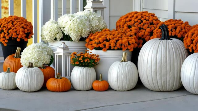 Bright orange and white pumpkins are beautifully arranged with colorful flowers on a welcoming porch during autumn