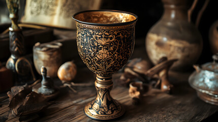 An Exquisite Medieval-Style Ceramic Goblet with Embossed Patterns and Rich Glaze Capturing Historical Elegance