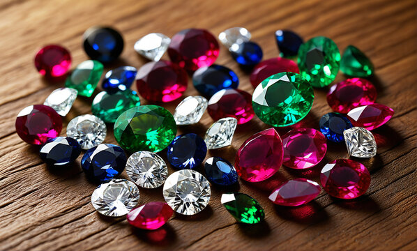  A serene arrangement of precious gems, adorning a wooden table under warm lighting.