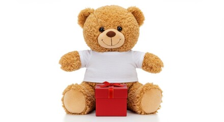 Obraz premium A plush teddy bear with a light brown fur on white background the teddy bear is sitting upright wearing a white t-shirt and there is a red gift box for valentine's day love