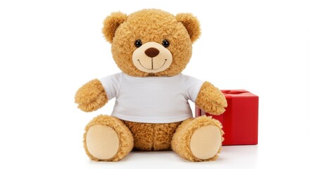 A plush teddy bear with a light brown fur on white background the teddy bear is sitting upright wearing a white t-shirt and there is a red gift box for valentine's day love