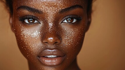 A glamorous woman adorned with bold makeup stands out against a mocha mousse background, ideal for impactful messaging