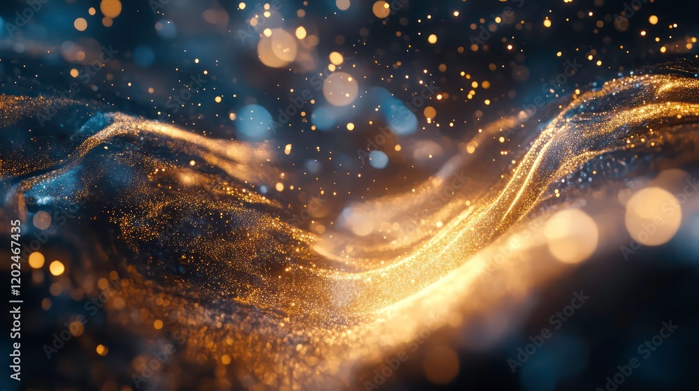 Poster dynamic glowing wave particles golden blue futuristic technology data streaming abstract energy moti