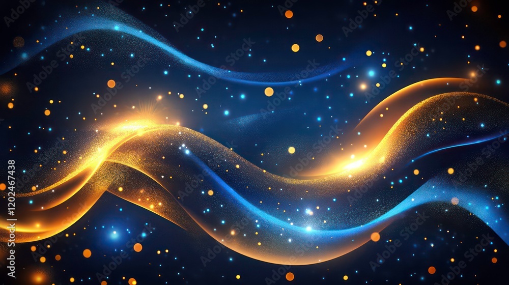 Poster dynamic glowing wave particles golden blue futuristic technology data streaming abstract energy moti