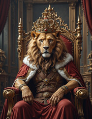 Obraz premium Abstract image of lion with gold crown and cape illustration generated in AI