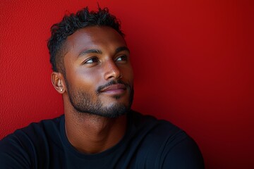 Fototapeta premium In front of a bold red backdrop stands a handsome young man with a curious expression
