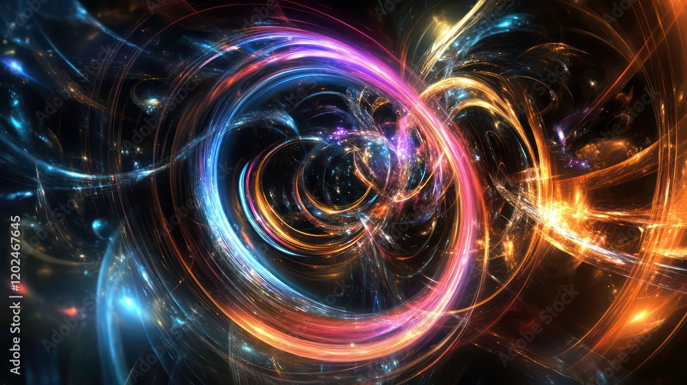 Wall mural abstract swirling light trails and glowing energy vortex in dark space.
