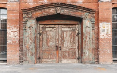 Antique Double Wooden Doors Old Brick Building Exterior