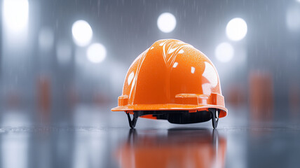 A hard hat, wet from rain, sits on a reflective surface outdoors. The hard hat has a logo on it, suggesting a company or organization. 