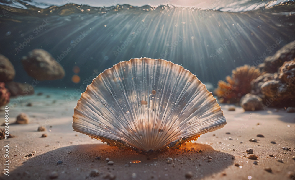 Poster a large white shell is laying on the sand. the sun is shining on it, creating a beautiful and serene